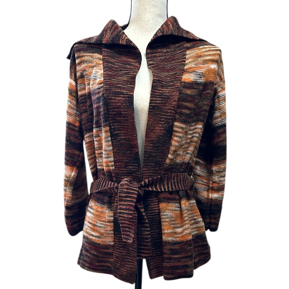 Vintage 1970s Corliss Belted Knit Cardigan | Earth Tone Stripe Boho Sweater | M